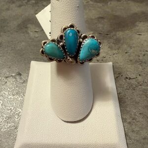 Sonoran Blue Turquoise Three-Stone Silver Statement Ring - Size 7.5